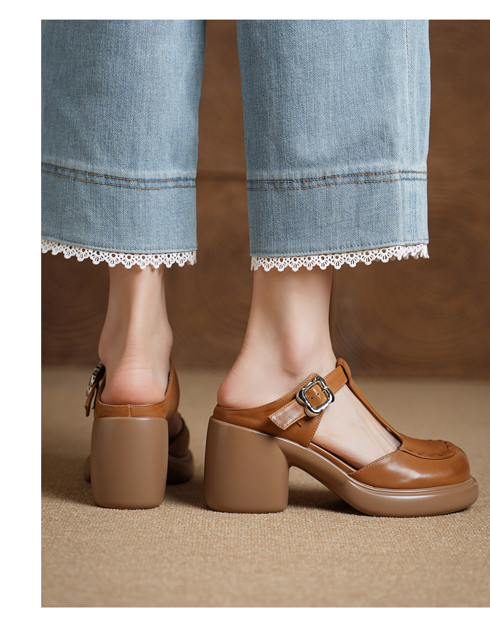 Sandal Mary Jane nữ mũi nhọn gót cao 8 cm quai ngang khóa dây — màu trắng ngà chi tiết 6