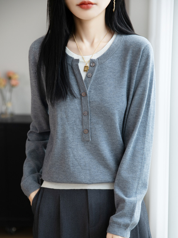 撞色假两件套头针织衫女2025秋季新款韩系设计感甜美风打底毛衣女|undefined