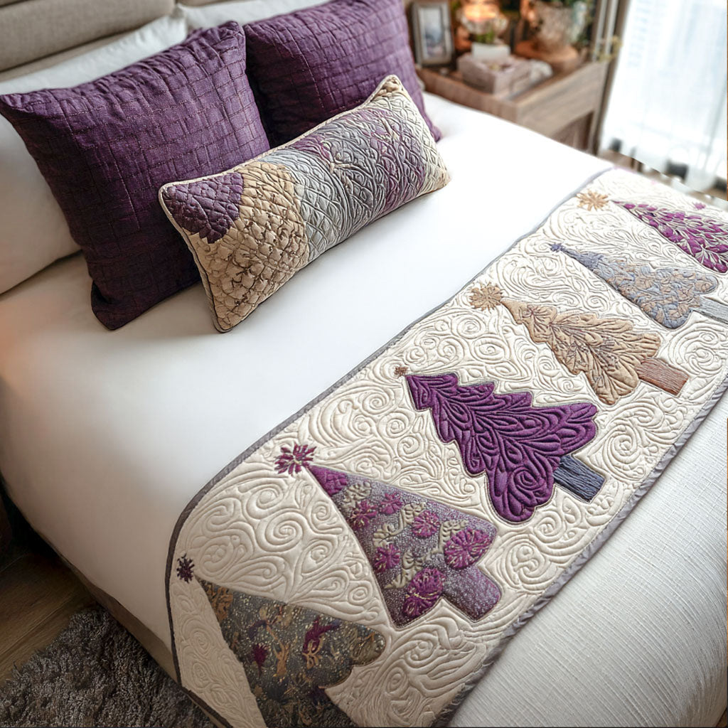 Exclusive for cross-border sales: Purple Christmas tree themed patterned quilted bed runner, digitally printed, suitable for all seasons, direct from the manufacturer