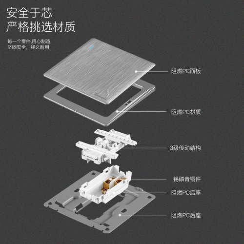 Ultra-thin 86 type wall switch socket concealed household gray brushed five-hole computer network one-open five-hole socket