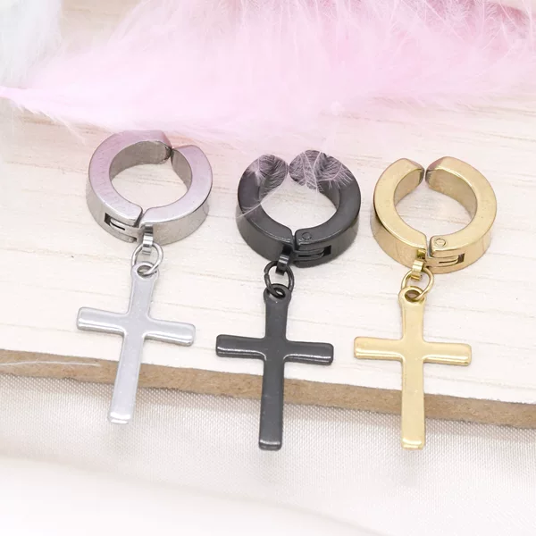 Factory Direct Sales Cross-Border Stainless Steel Electroplated European and American Trendy Round Cross Pendant Ear Clips Ear Hooks Jewelry Earrings