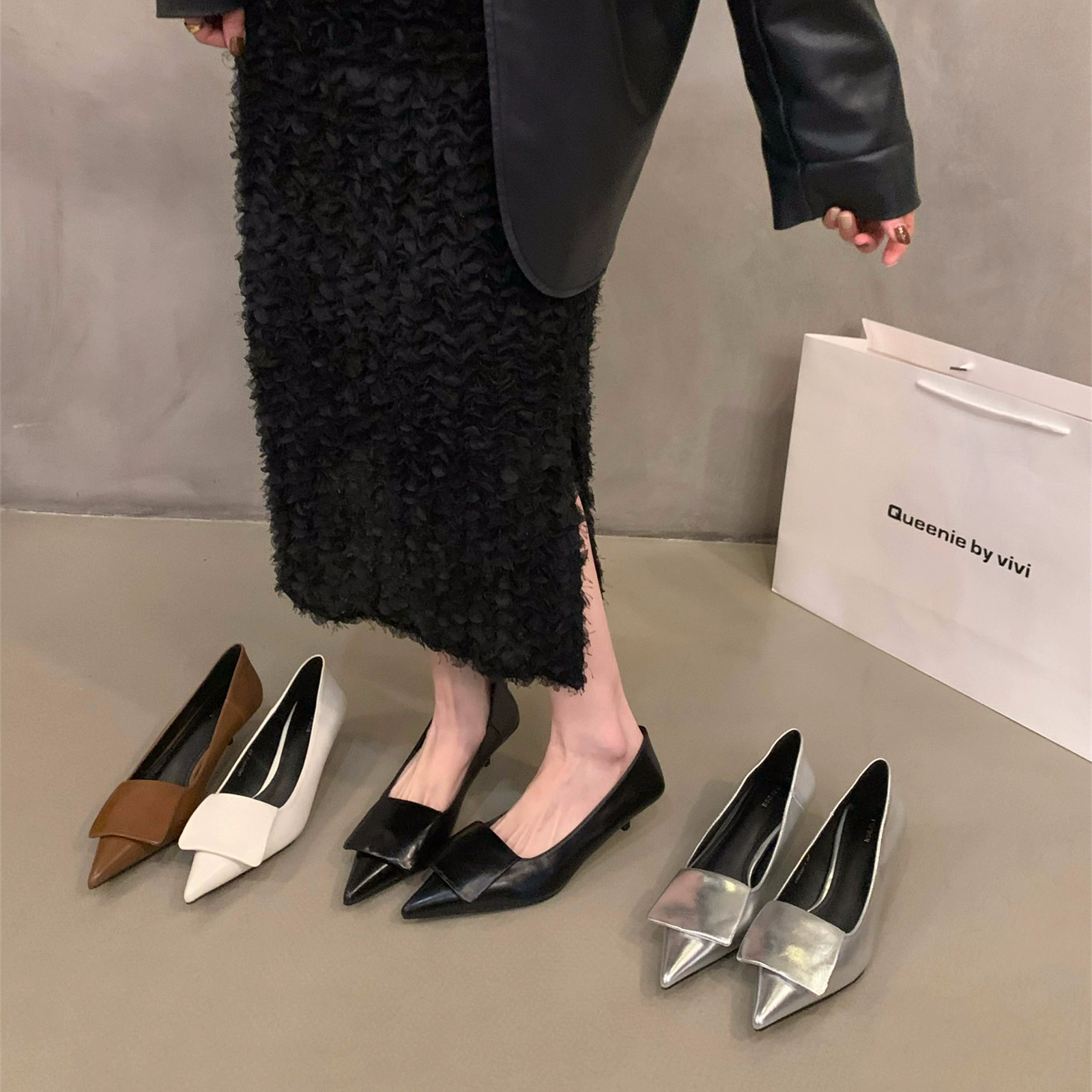 Французский темперамент светская черная остроконечная одиночная обувь женская обувь 2024 новая весна и осень зима серебряные каблуки на каблуках