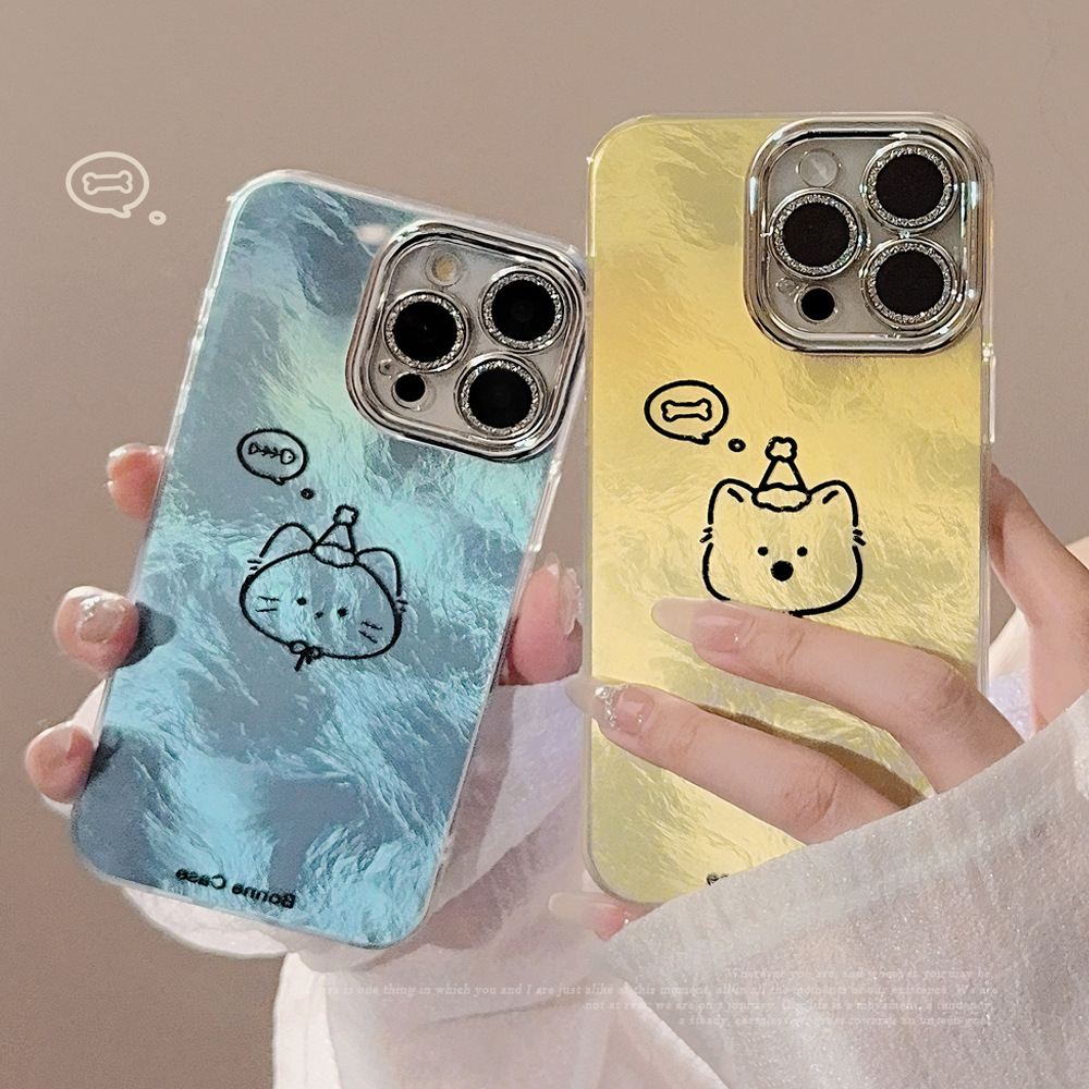 线条小猫狗狗手机壳适用iphone16promax苹果17镜头膜13闪粉12可爱