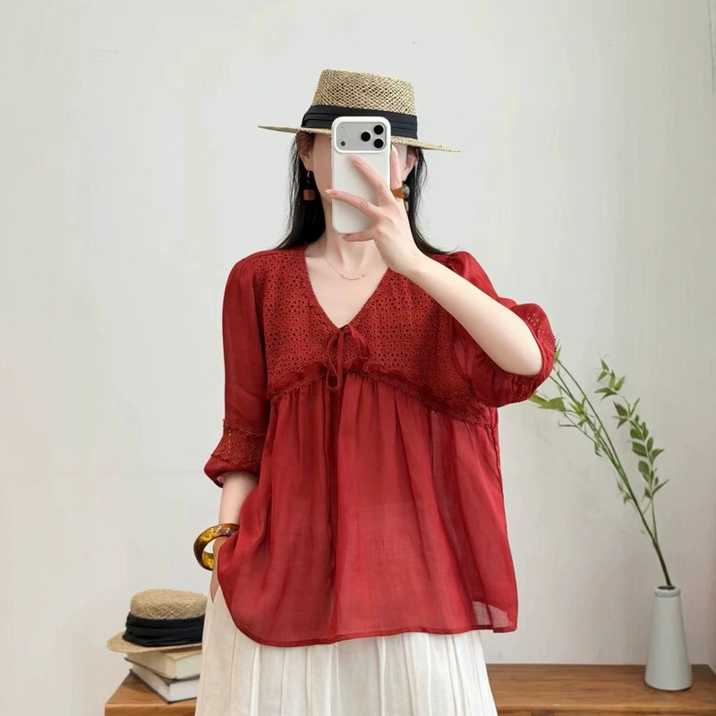 2026 New Style Pure Ramie Lace V-Neck Half-Sleeve Shirt Retro Artistic Fashion Loose Women's Pullover Top