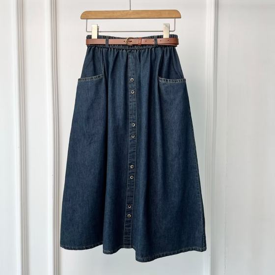 2023autumn retro dark blue Denim skirt women's high waist casual single-breasted A- line skirt with belt