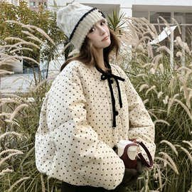 撞色波点飘带短款羽绒服外套女冬季2025新款小个子显瘦保暖白鸭绒