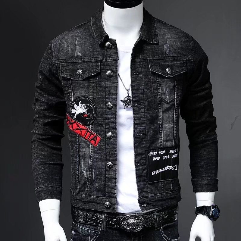 European Station Denim Jacket Men's Spring and Autumn 2022 Fashion Retro Slim Fit Elastic Jacket Trendy Brand Embroidered Jacket