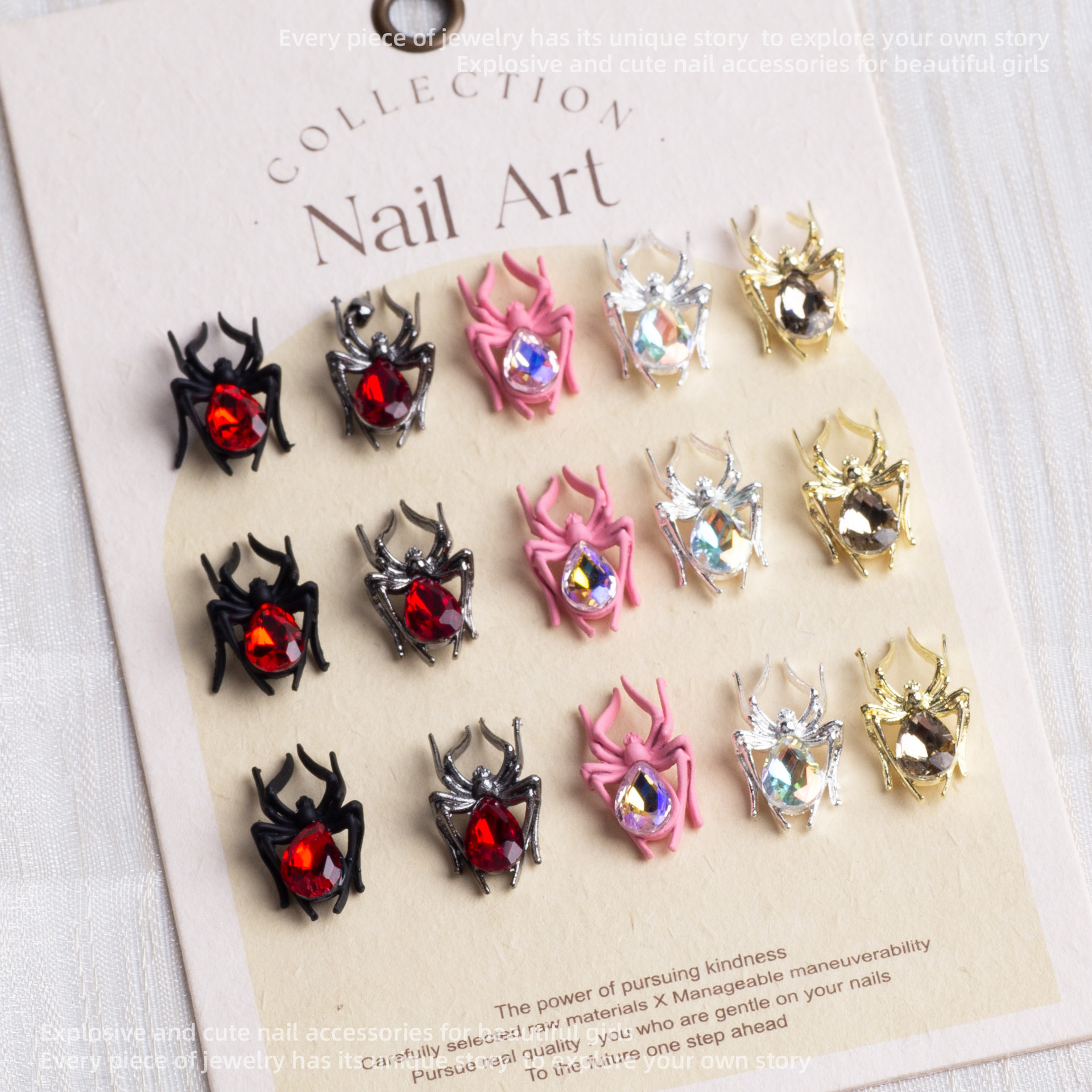 美甲粉蜘蛛饰品万圣节立体合金穿戴甲爆闪抱钻甜酷暗黑指甲钻配饰