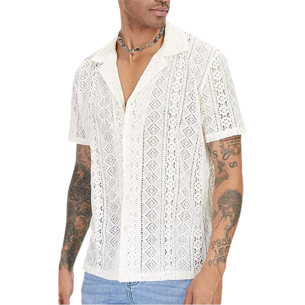 Spot moda europea y americana nueva camisa de manga corta de encaje para hombres botón transparente vacaciones casual top hueco