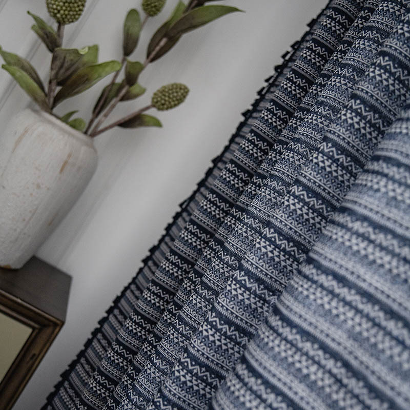 Bohemian Yarn-dyed Jacquard Blue Geometric Tassel Semi-shading Curtain Wholesale display picture 1