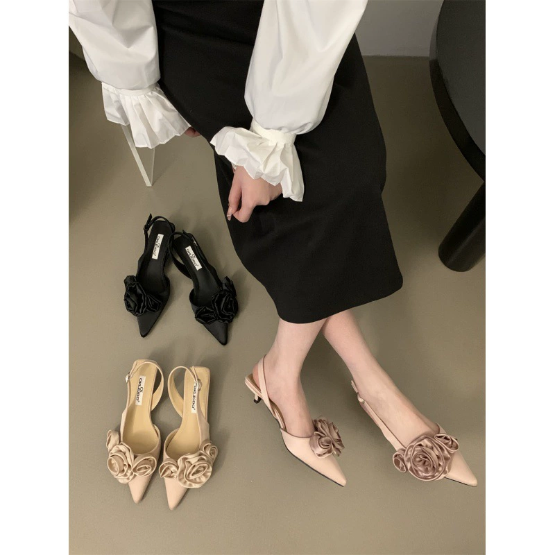 Заостренная французская цветочная черная голова сандалии сказочные туфли 2024 новая весна, лето, ночь, одинокие туфли