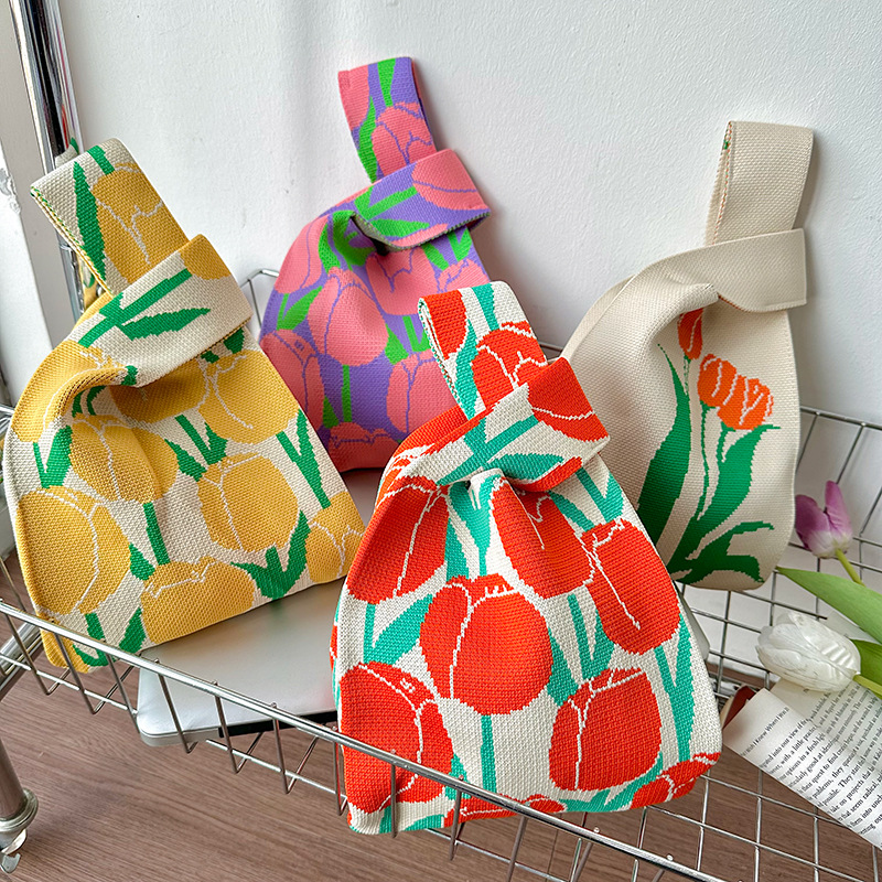 Nueva serie de flores frescas pequeñas bolsas de punto para mujeres, bolsas de transporte de gran capacidad, regalos para maestros