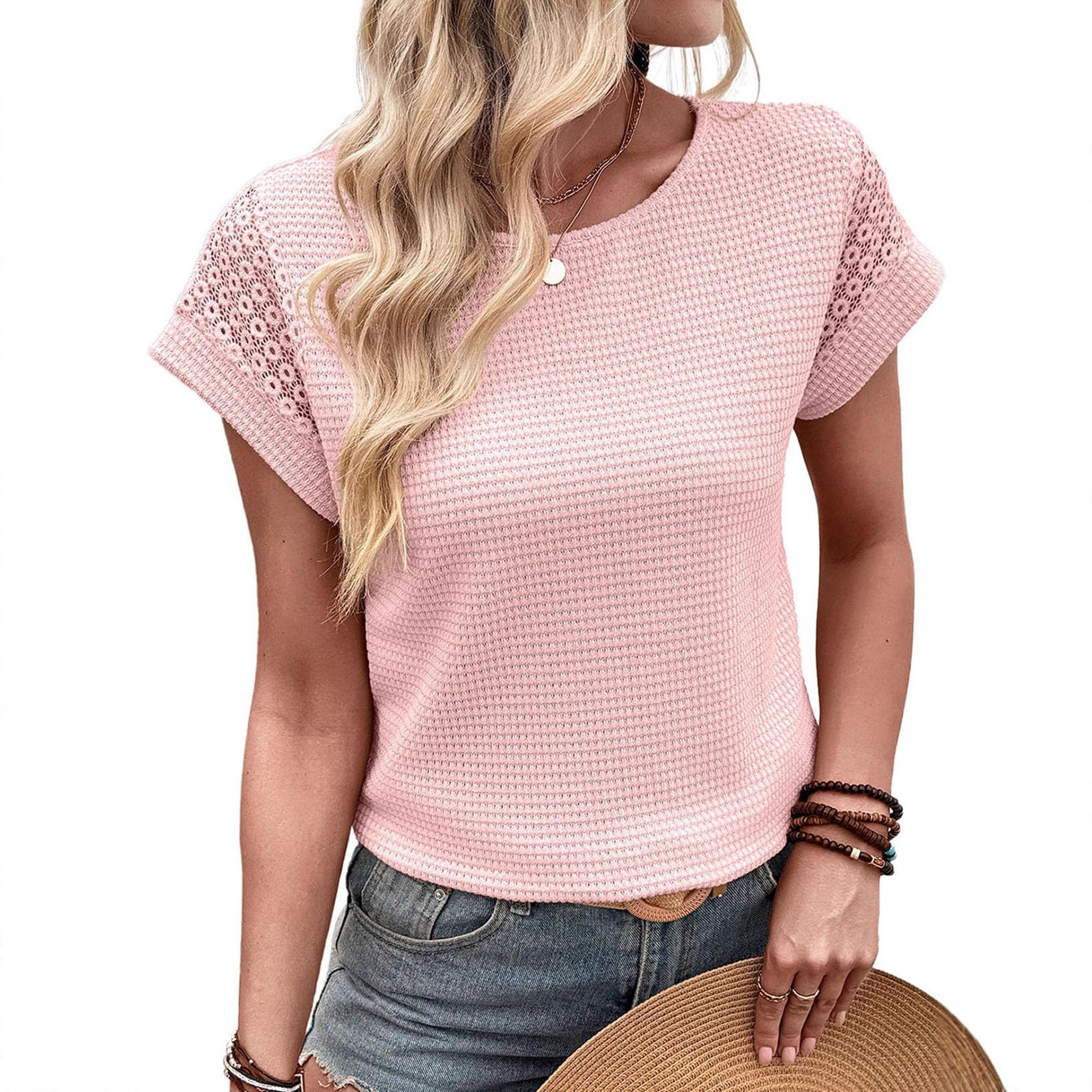 Summer Women's Round Neck T-Shirt Lace Hollow Out Short Sleeve Waffle Knit American Style New_ecoleips.com