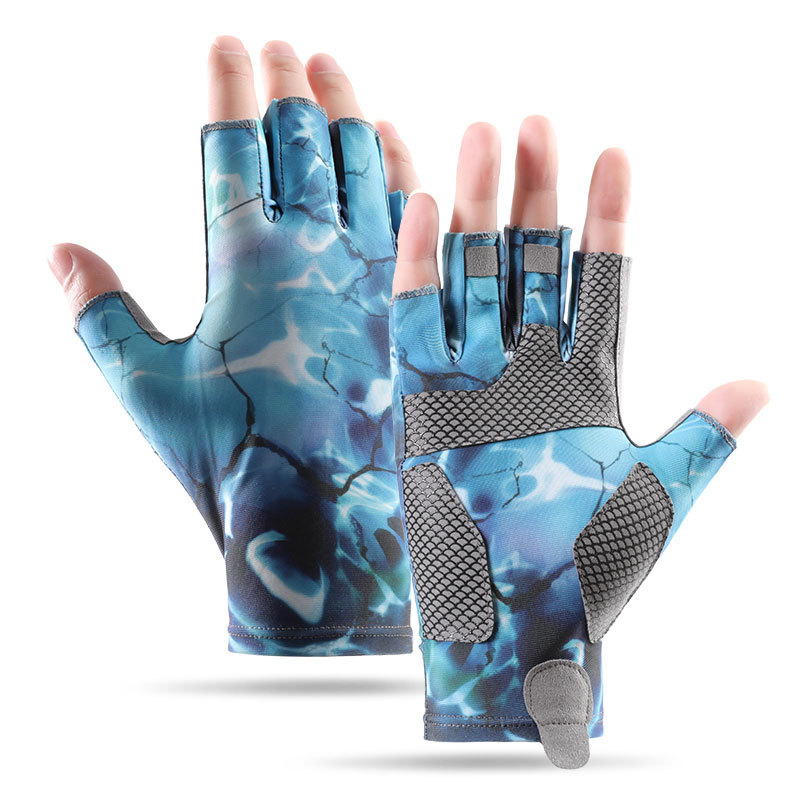 Guantes de pesca de los hombres de primavera y verano al aire libre de la pesca protección solar antideslizante resistente al desgaste camuflaje frío hielo seda medio dedo transpirable DY