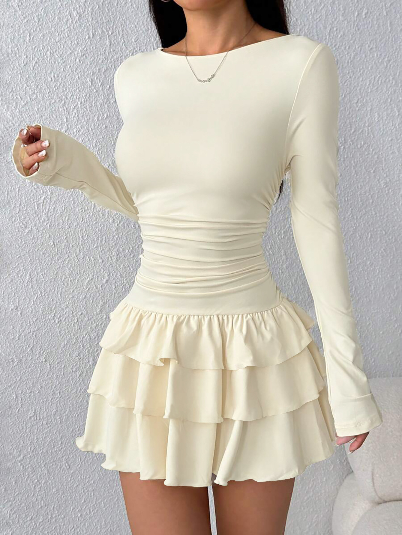 Women's Solid Color Slim Fit Ruffled Panel Long Sleeve Bodycon Mini Dress – Elegant Casual Gown_ecoleips.com