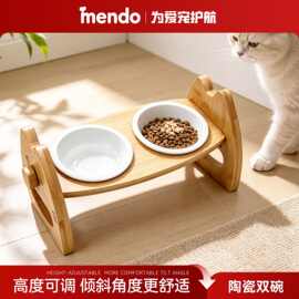 猫双碗陶瓷碗竹质猫食架可调节猫粮碗狗水碗斜口饭盆加高宠物饭碗