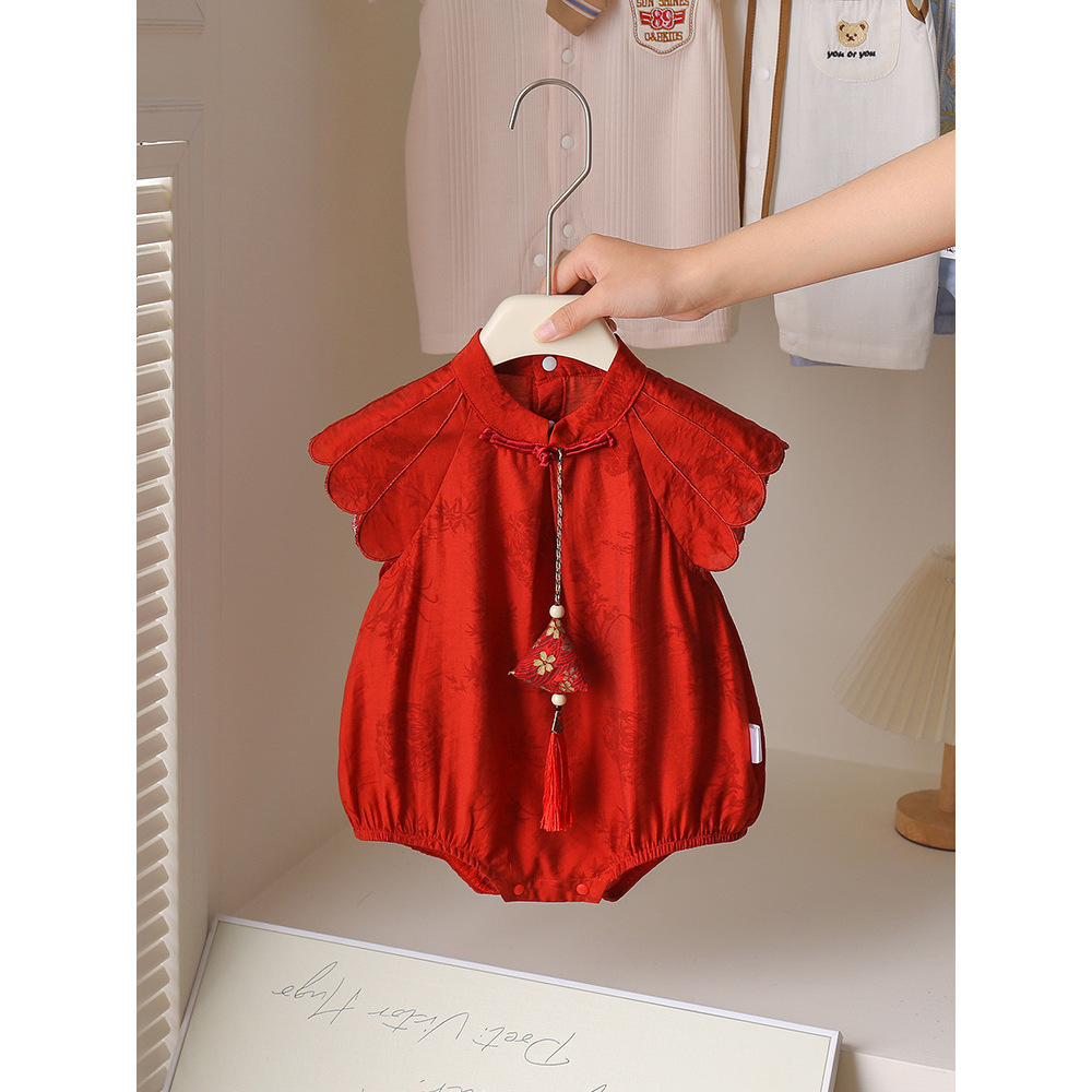 Clothes, One-Piece Outfit for Baby Girls, Chinese Style Hanfu, Thin Short-Sleeved Romper, New Year's Greeting Outfit for Girls