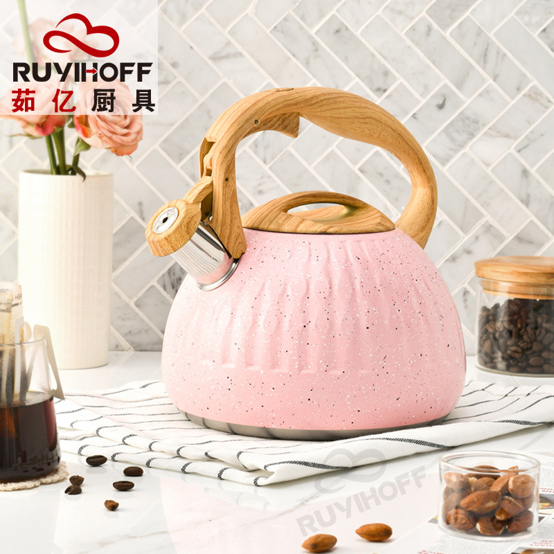 Bota de agua rosa transfronteriza de acero inoxidable con patrón de gota, té, café, olla de sirena europea y americana, olla de silbato de cocina de 3L