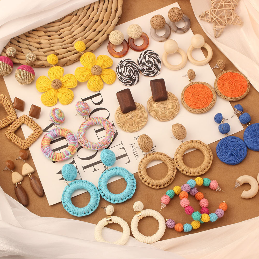 7g Weight 304 Stainless Steel Ear Needle Material Drop Earrings, Ear Studs Classification 1 Pair Quantity Daily Occasion Wood, Straw Material Geometric Pattern All Seasons Season Women's Gender Streetwear Style 1 Pair Streetwear Geometric Wood Straw Drop Earrings Ear Studs 2