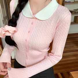 粉色娃娃领麻花针织开衫外套女春季温柔修身短款上衣