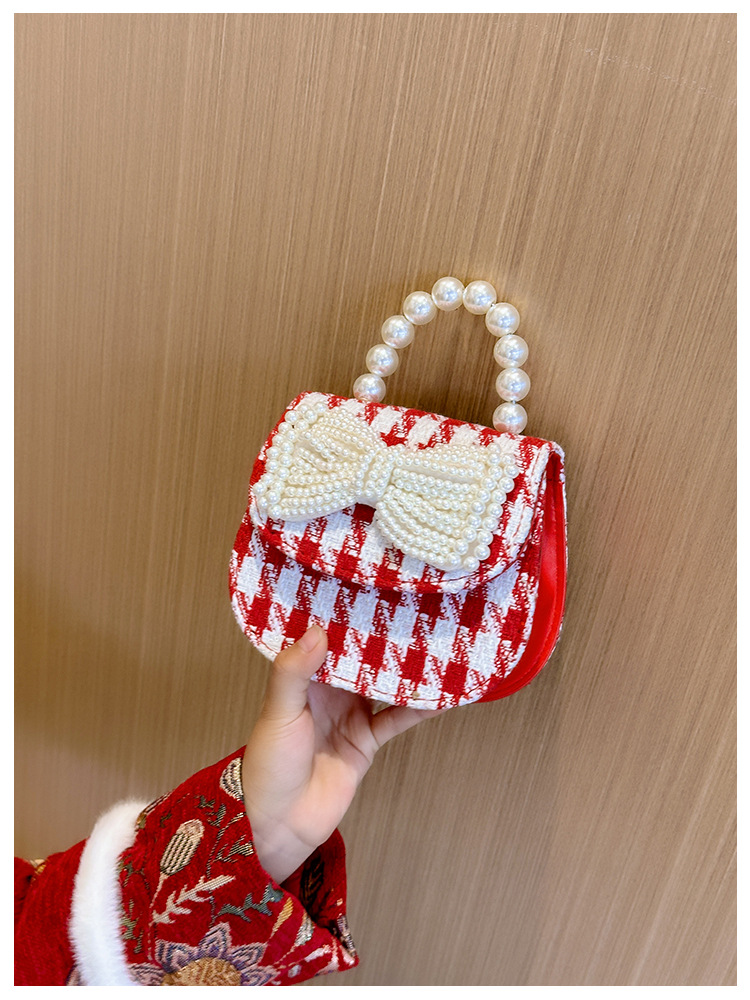 Women's Cotton And Linen Plaid Cherry Bow Knot Cute Beading Pearls Shell Flip Cover Crossbody Bag display picture 9
