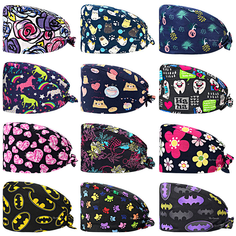 Gorro de Médico de Algodón Puro Estampado para Comercio Exterior, con Correa Ajustable con Botones, Absorbente de Sudor, Gorro de Dibujos Animados para Estudio, Gorro de Enfermera de UCI