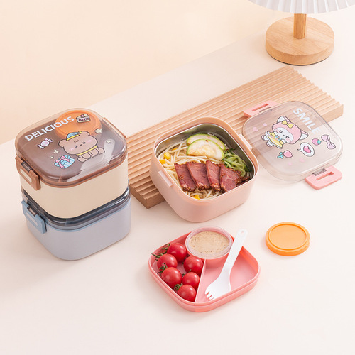 Cross-border children's bento box, microwave oven office worker lunch box, square stainless steel rice box, student fruit box