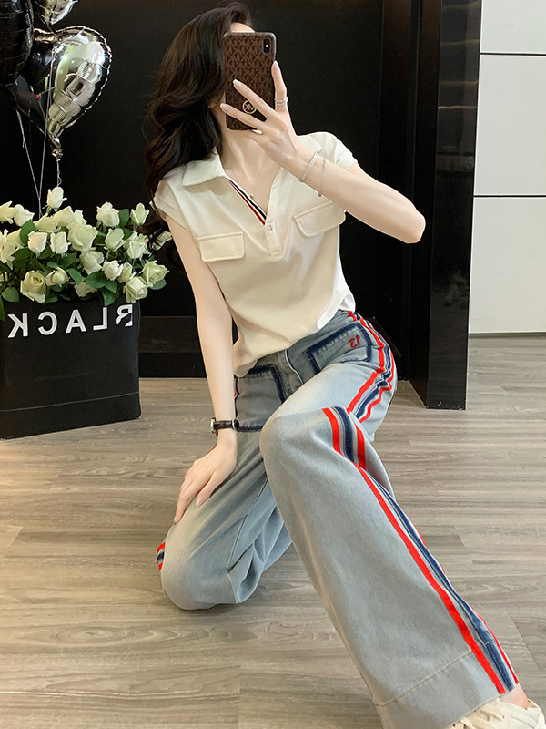 时尚潮流休闲运动套装女夏2025新款无袖衬衫上衣牛仔阔腿裤两件套|undefined