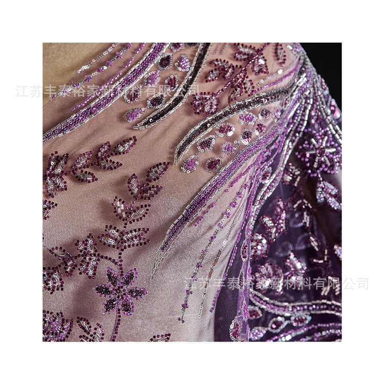 Tejido bordado de tubo de cuentas, tela de bordado de malla púrpura, flor, sequin, cuentas, tela de bordado de malla flor, vestido de noche image 6