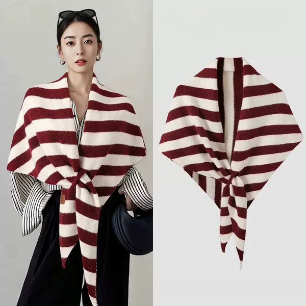 Women's Autumn and Winter Casual Knit Striped Cross Triangle Large Shawl Versatile Warm Neck Warmer Neck Scarf