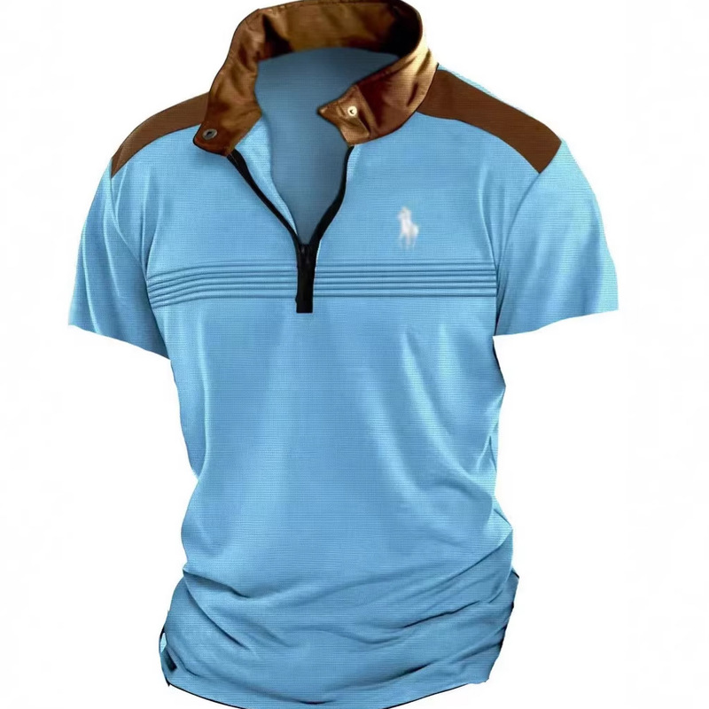Amazon Patchwork Half-Zip Ruched Short-Sleeve Polo Summer Breathable Slim-Fit Polo Shirt Trendy Brand Turn-Down Collar Top