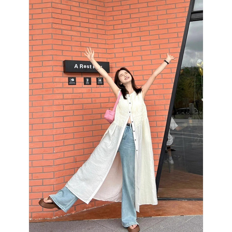 French-Style High-End Sleeveless Shirt Dress for Women, Summer Mid-Length Cardigan Dress, Chic Tank Top Long Dress French-Style High-End Sleeveless Shirt Dress for Women, Summer Mid-Length Cardigan Dress, Chic Tank Top Long Dress