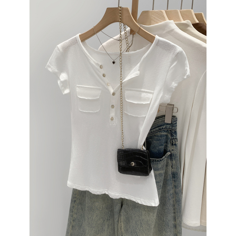 Hot Sale Special Price Pocket Design Button V-Neck Short-Sleeve T-Shirt for Women, Summer 2026 New Model, Unique and Beautiful, Super Attractive Top Hot Sale Special Price Pocket Design Button V-Neck Short-Sleeve T-Shirt for Women, Summer 2026 New Model, Unique and Beautiful, Super Attractive Top