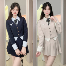 大码微胖显瘦学院风套装胖MM假两件西装外套女秋季新款裙子两件套