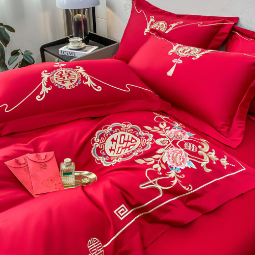 444Z Wholesale Chinese Wedding Pure Cotton Four-Piece Set Full Cotton Red Bedspread Simple Marriage Bedding Wedding Home Textiles