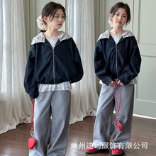 童装女童秋装外套2025新款儿童韩版蕾丝拼接大童时髦牛仔夹克连帽