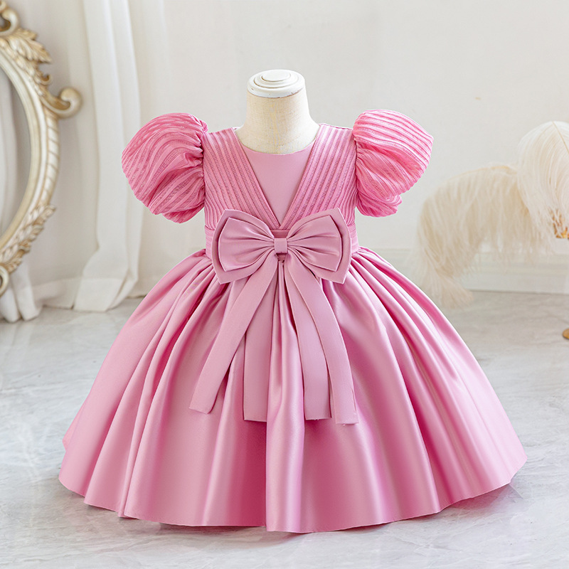 Robe d'anniversaire pour enfant Robe d'anniversaire pour enfant Robe de princesse de première année à rayures en satin avec nœud_voghion.com