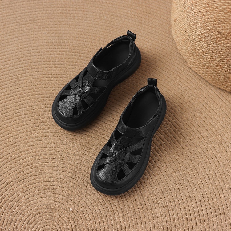 Sandal nữ đế dày da cừu phối quai ngang phong cách học đường — màu đen, màu trắng ngà chi tiết 42