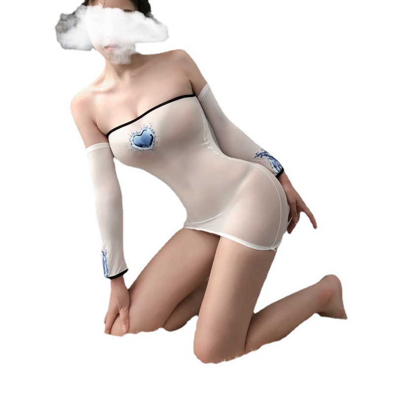 Nueva lencería sexy falda de la cadera de las mujeres impreso split de una pieza medias transparente traje de manga larga Generación de pelo