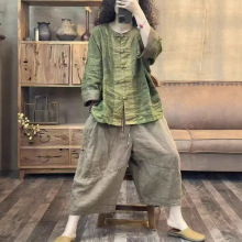 亚麻盘扣衬衫女 2025秋 复古文艺拼接宽松显瘦撞色民族风休闲上衣