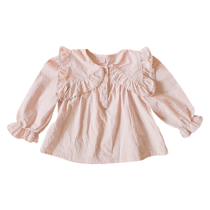 Primavera 2024 fresa Shan Corea del Sur ropa de los niños niñas solapa campana manga dulce camisa en stock