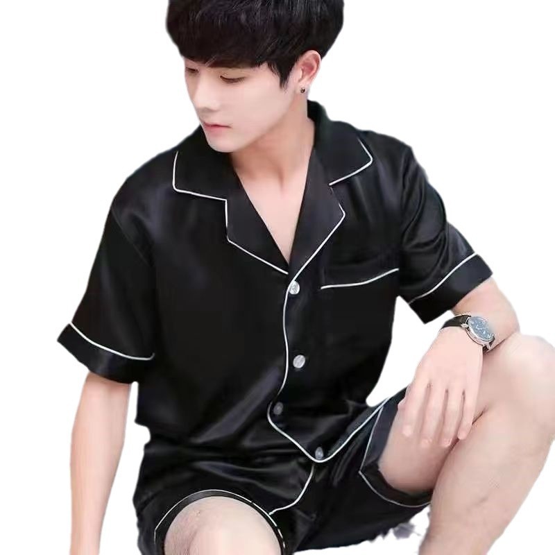 Fábrica directa de seda de hielo de verano de manga corta delgada seda de imitación de tamaño grande camiseta pijama hombre juvenil conjunto de ropa de hogar