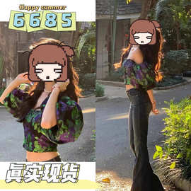 长期现货2025夏易梦玲同款衬衫女设计感休闲雪纺一字肩泡泡袖上衣