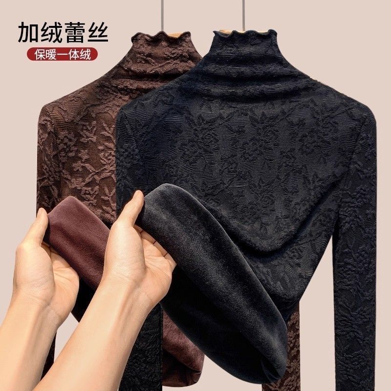 Autumn and Winter Hot-Selling Thickened Lace Jacquard Base Shirt for Women, Warm High-Neck Top for Autumn and Winter