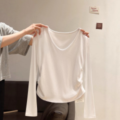 白色长袖V领纯欲小个子T恤女秋褶皱收腰修身加厚打底衫内搭上衣
