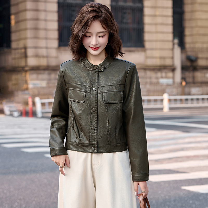 2025 New Autum Stand-Up Collar Pu Leather Jacket Women's Short Motorcycle Jacket Top 17055
