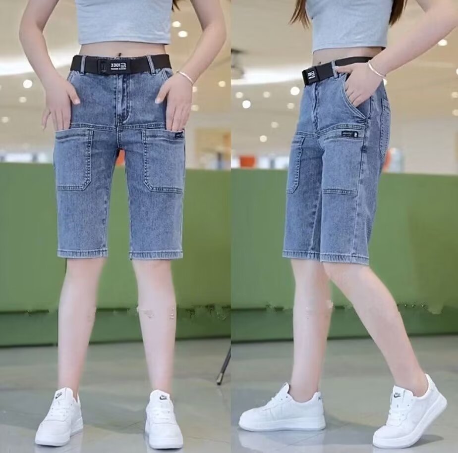 Pantalones cortos de mezclilla de la calle para hombres 2024 marea de verano retro lavado y pantalones de pierna recta desgastados pantalones de cintura elástica sueltos de cinco puntos