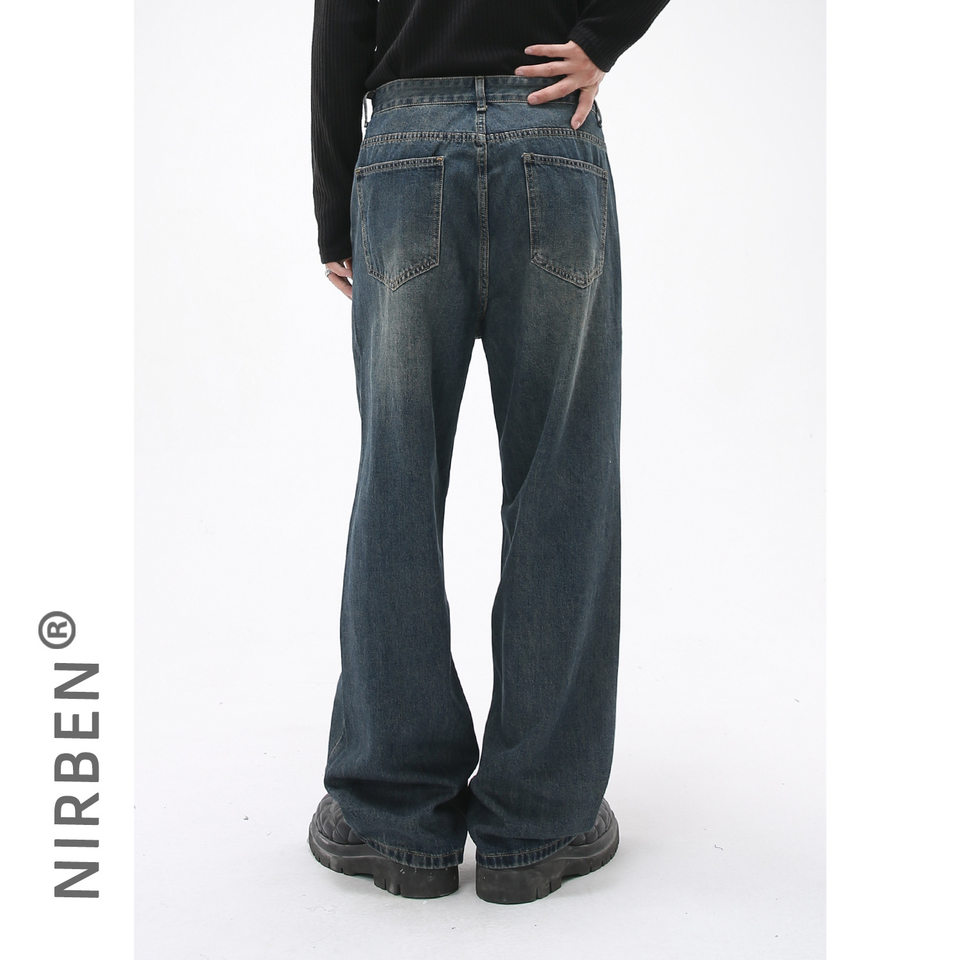 Quần jean nam ống rộng dáng suông cạp vừa vải denim xanh giặt nhẹ — Màu xanh lam
