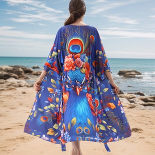 Peacock Print Beach Cover-Up Rayon Kimono Cardigan Loose Large Size Beach Shawl Amazon