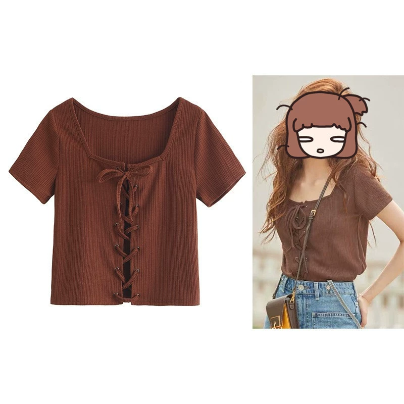 Женская трикотажная футболка с квадратным вырезом, коротким рукавом, двусторонняя, приталенная, в стиле Сон Янфэй, лето 2025, в наличии на длительное время